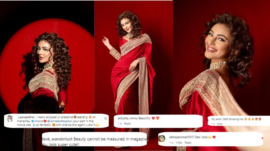 Seerat Kapoor Stuns in Red Saree at 'Manamey' Pre-Release Event: Fans React with Enthusiasm